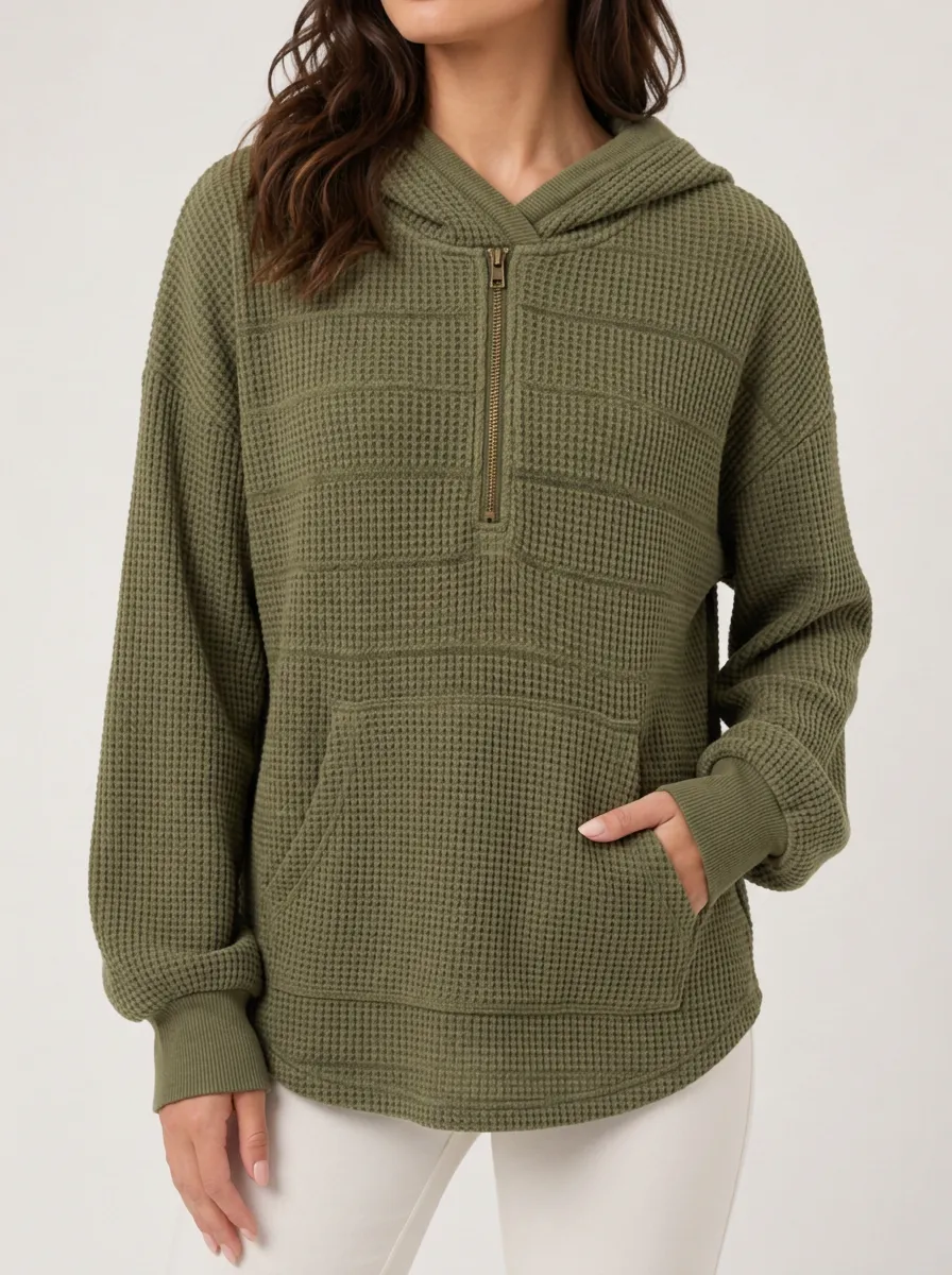 Casual Utility Waffle Knit Quarter Zip Hooded Top