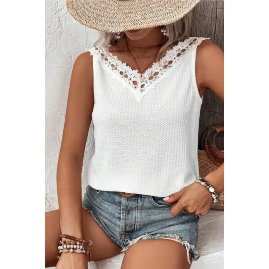 Lace Detail Textured V Neck Tank
