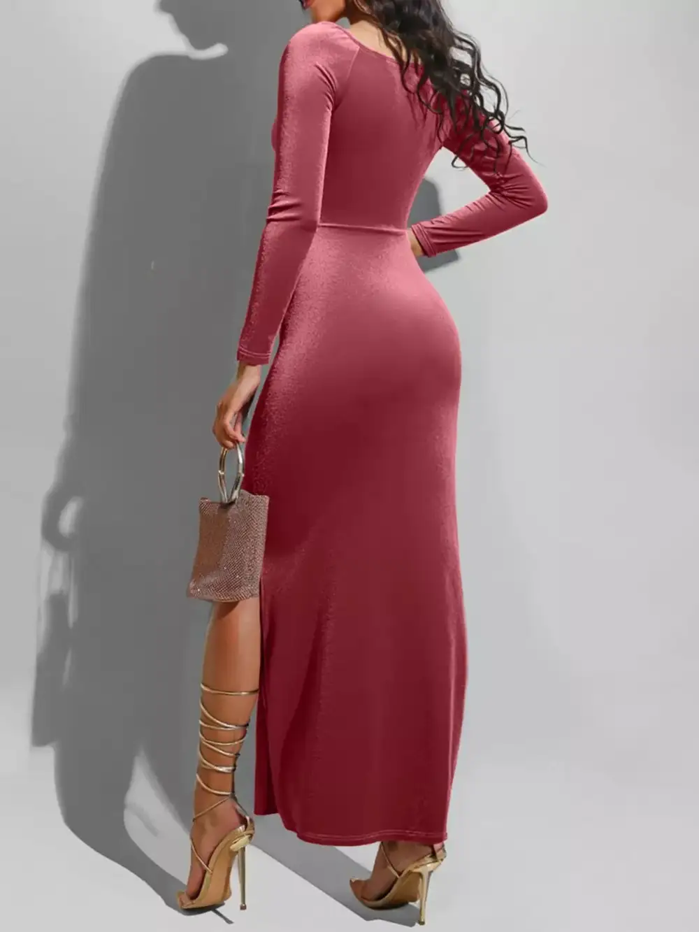 Balanced Detail Wrap Slit Long Sleeve Midi Dress