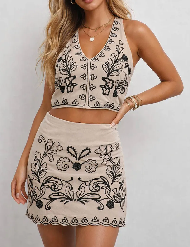Boho Embroidery Color Block Cami Top Skirt Two Piece Set