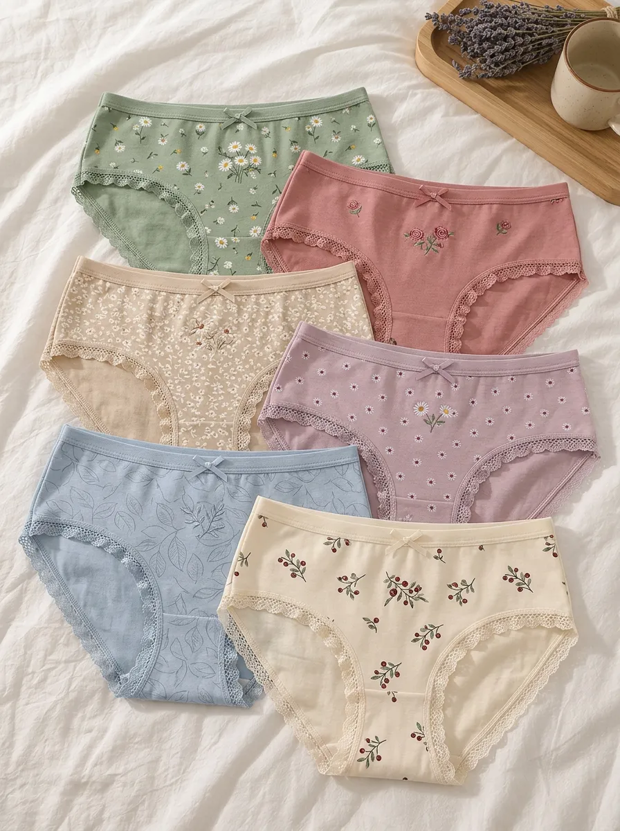 Women's Floral Botanical Print Lace Trim 6-Pack Panties