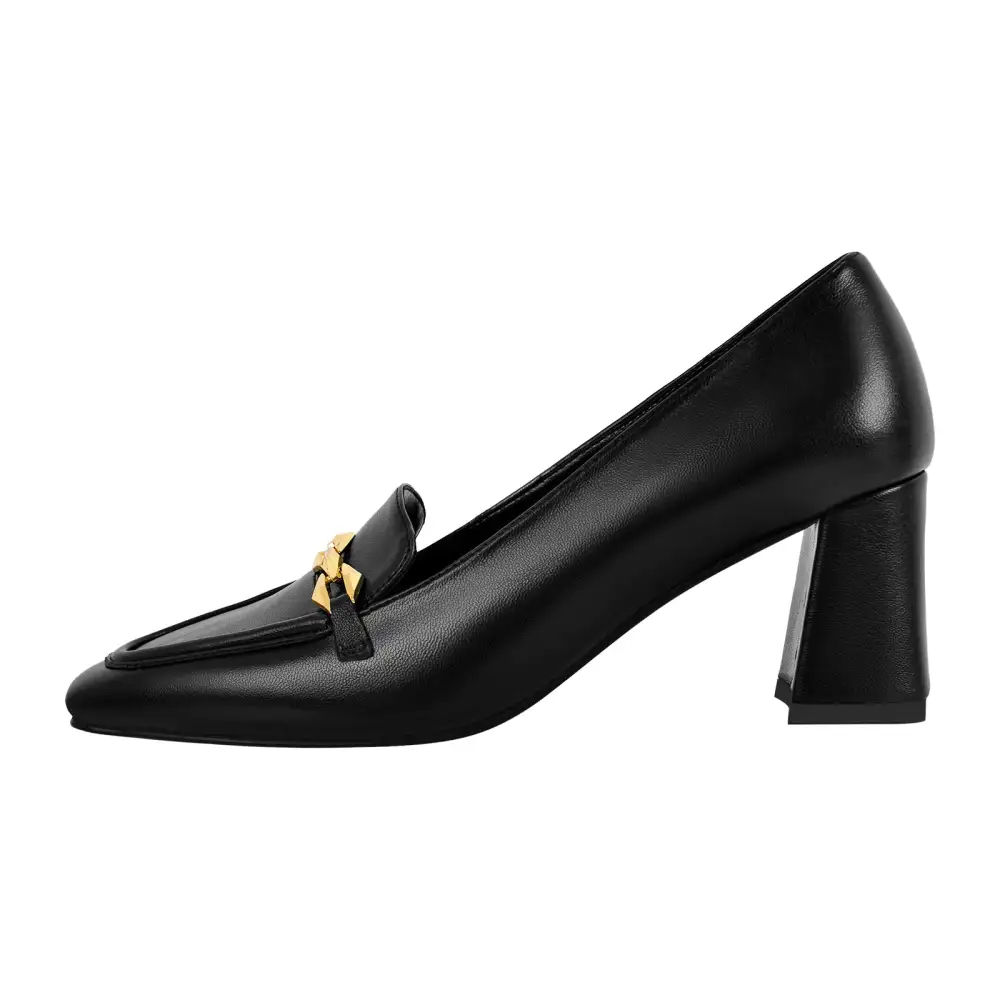 Square Toe Chunky Heel Chain Accent Pumps
