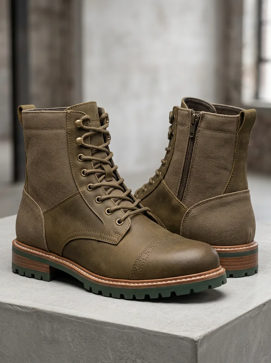 Men's Canvas Detail Olive Green Lace Up Combat Boots