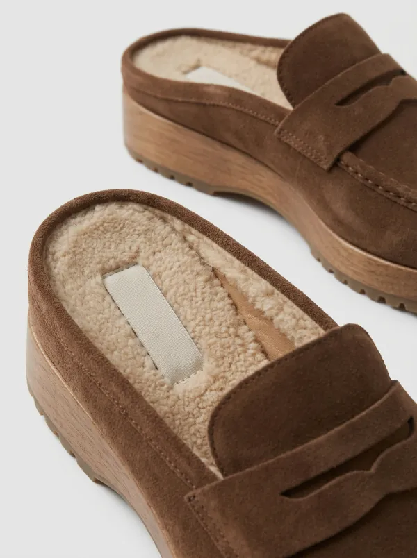 Women's Weekend Faux Fur Lined Platform Suede Wood Sole Loafers