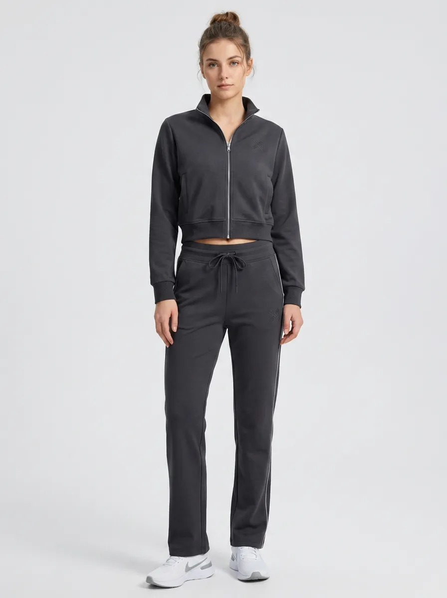 Women's Athletic Casual Charcoal Zip-Up Crop Tracksuit Set