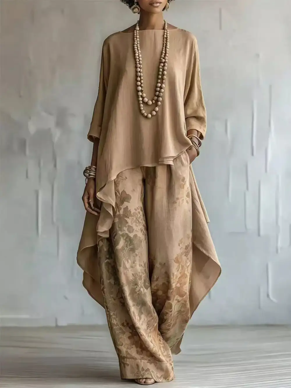 Asymmetrical Hem Top and Floral Pants Set