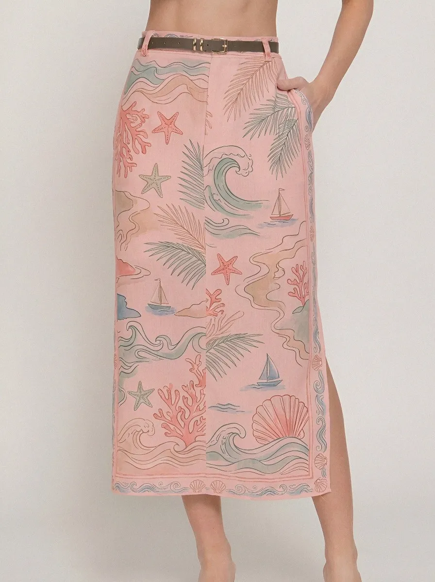 Women's Beach Vacation Ocean Coral Starfish Printed Midi Skirt