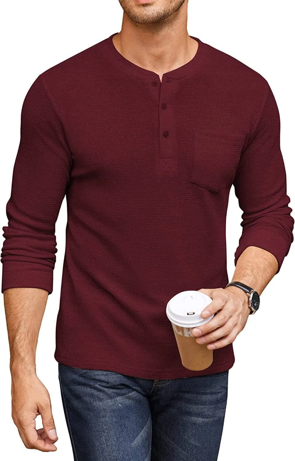 Basic Waffle Pullover Long Sleeve T-Shirt Hoodie
