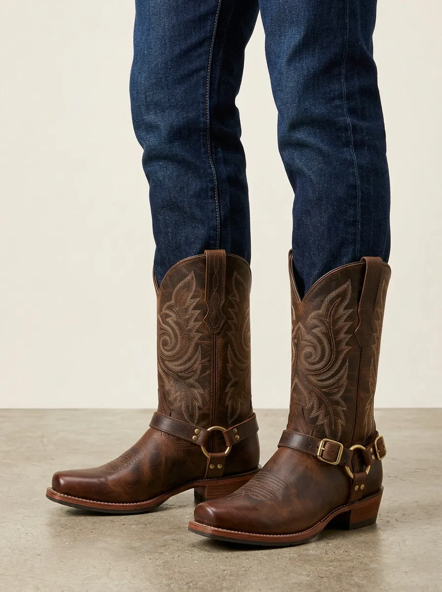 Men's Western Cowboy Brown Leather Embroidered Buckle Printed Boots