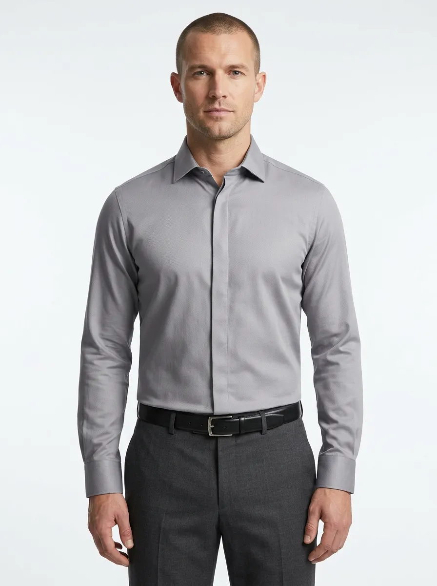 Men's Business Formal Solid Grey Long Sleeve Dress Shirt