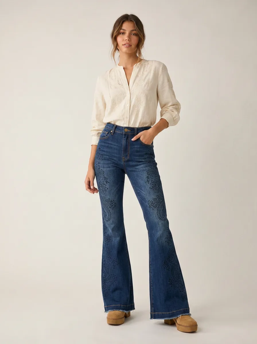 Women's Boho Style Paisley Floral Printed Flare Jeans