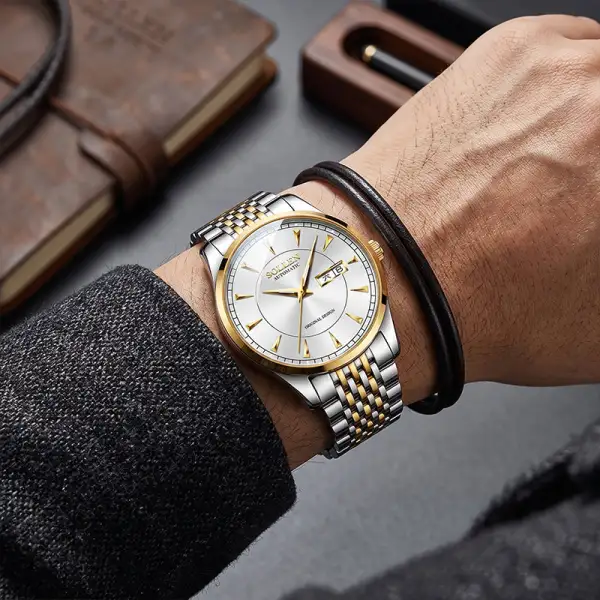 Sollen 9031 Automatic Watch - Men's Sunray Dial Luminous Markers 9-Bead Stainless Steel Bracelet Wristwatch