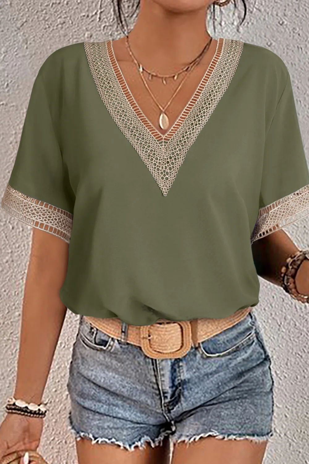 Green Lace Trim V Neck Blouse
