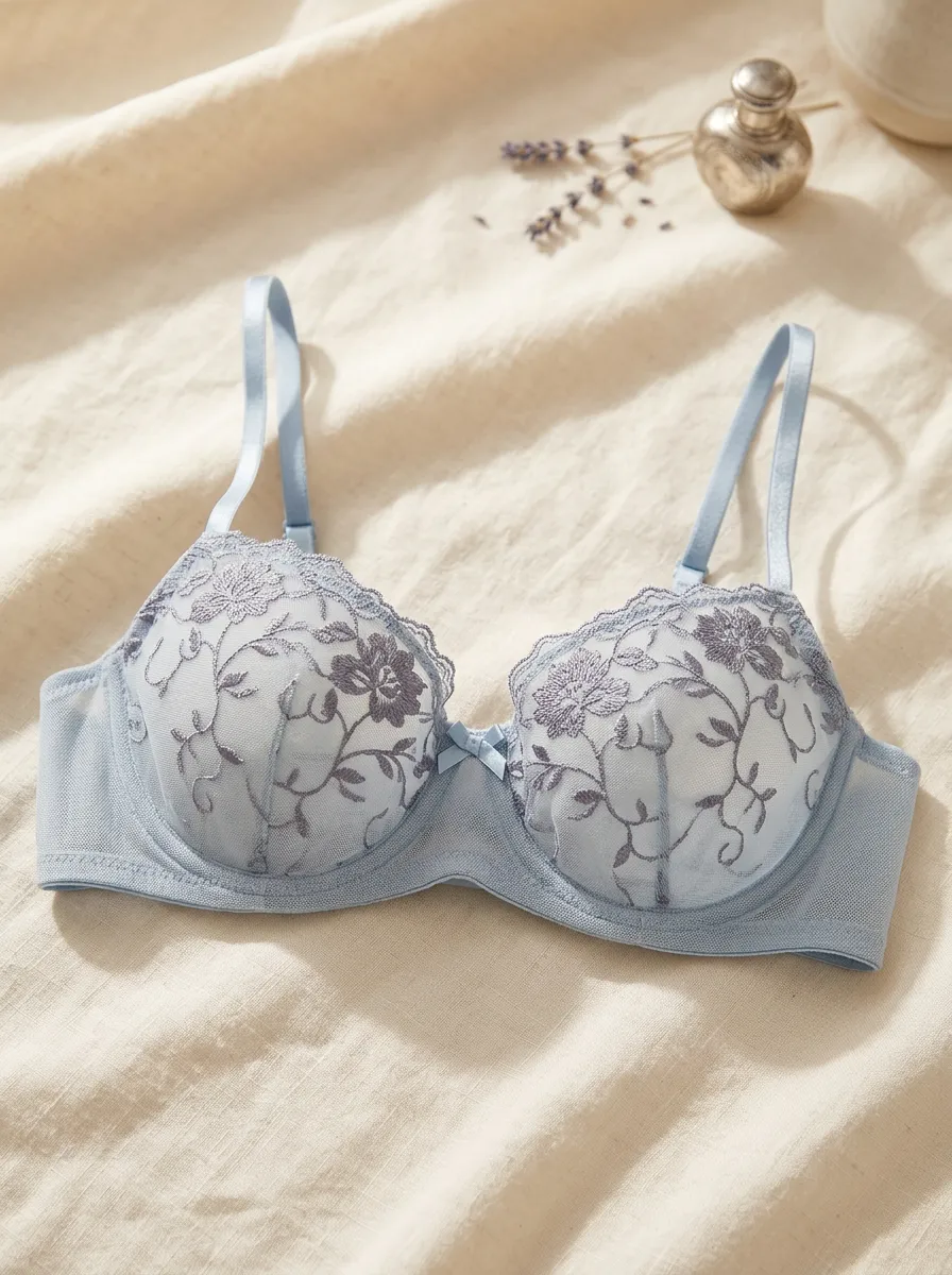 Women's Floral Embroidery Sheer Blue Lace Bra