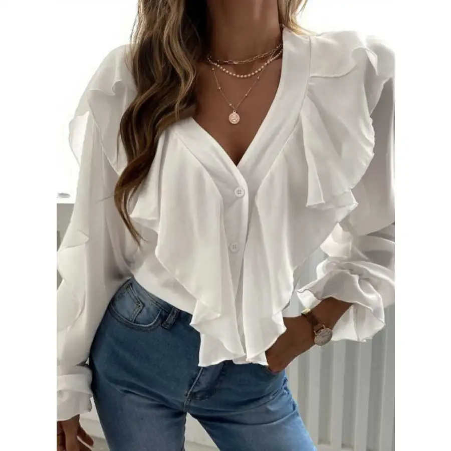 Full Size Ruffled V Neck Button Down Flounce Sleeve Blouse