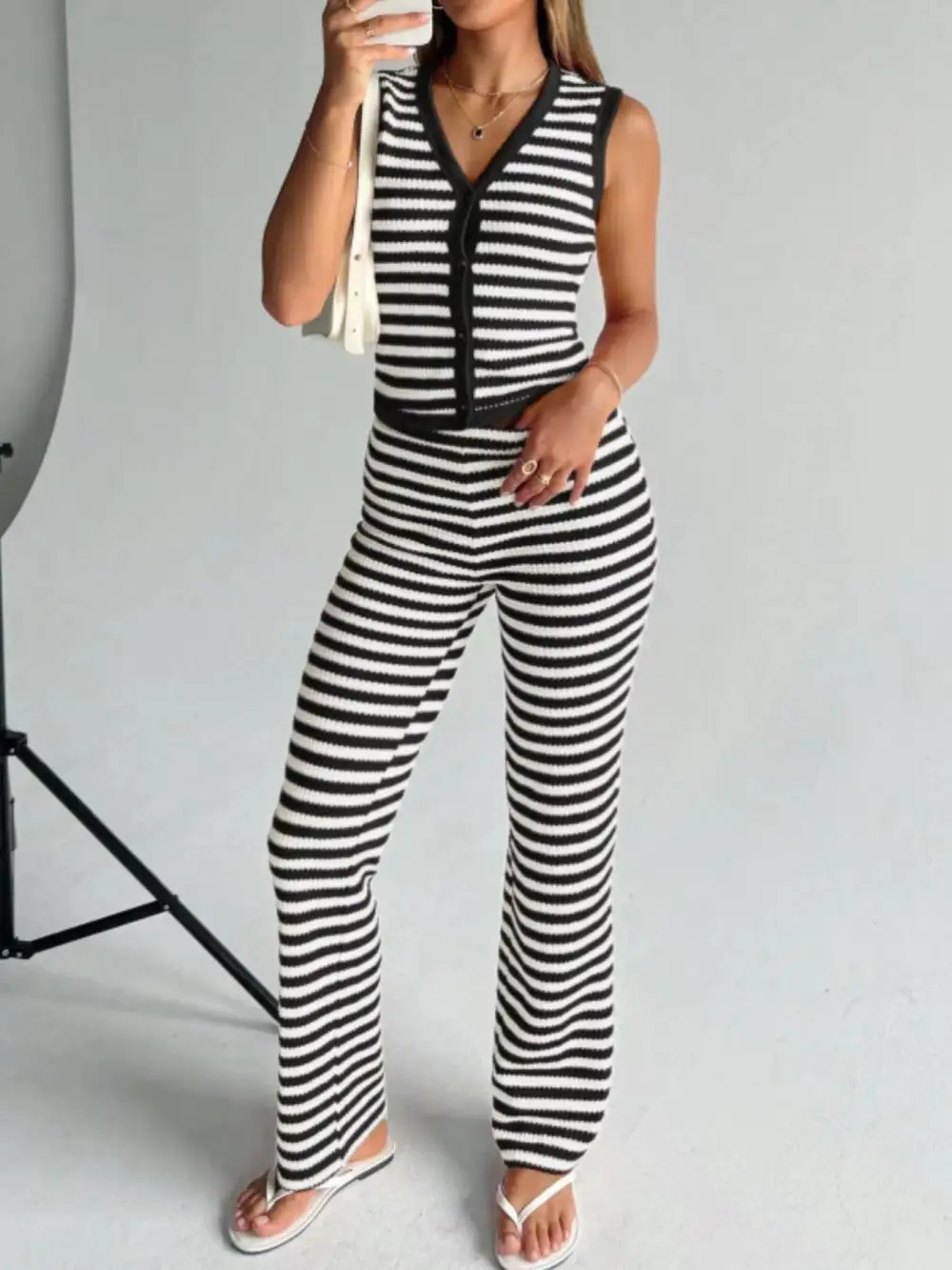 Striped Knit V Neck Button Up Sleeveless Top and Pants