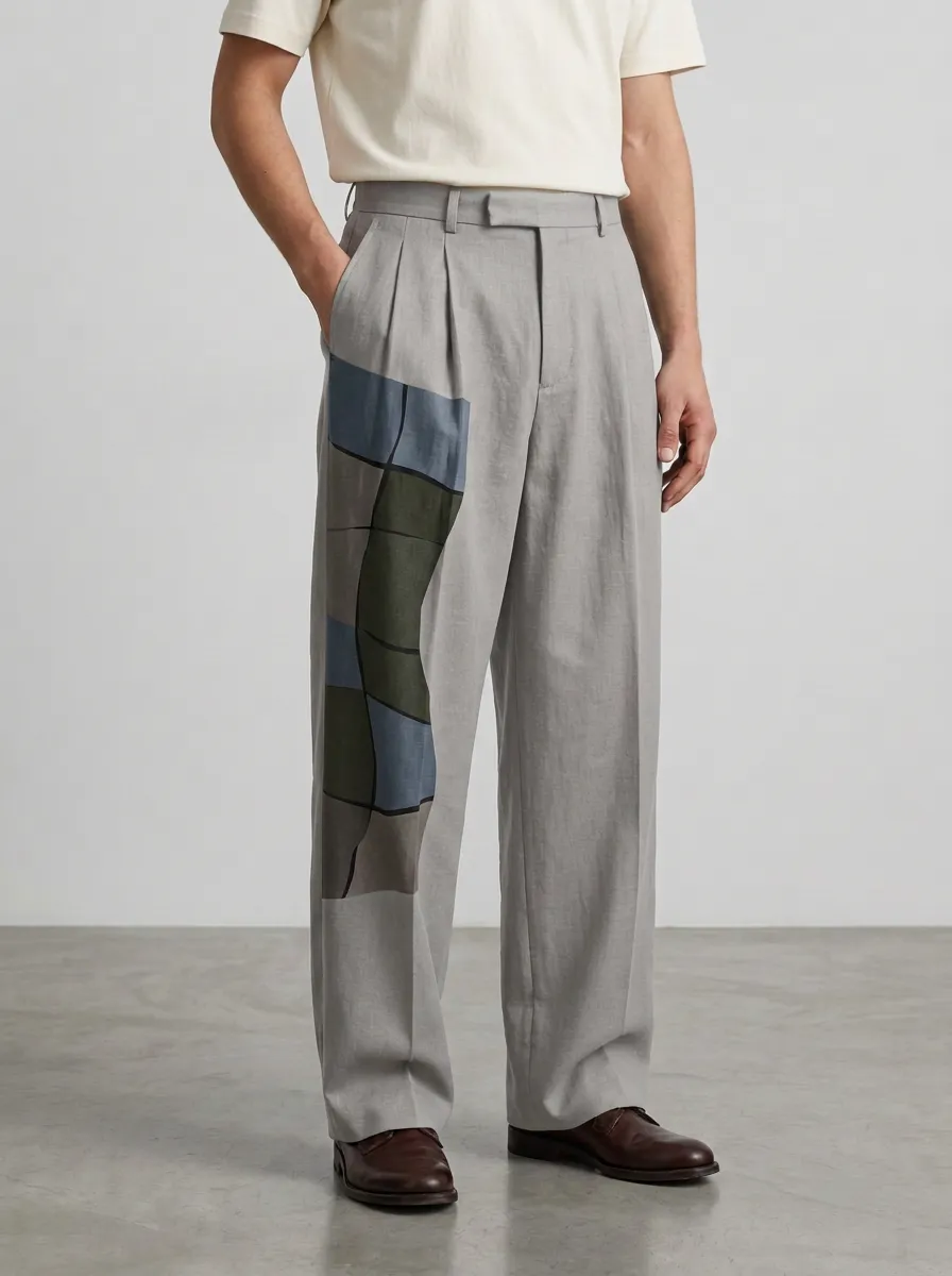 Men's Abstract Geometric Patchwork Printed Wide Leg Trousers