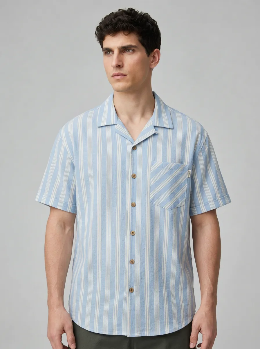 Men's Summer Casual Blue White Striped Breathable Button Down Shirt