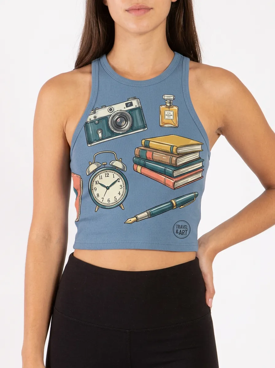 Women's Vintage Hobby Lover Camera Books Clock Printed Crop Top
