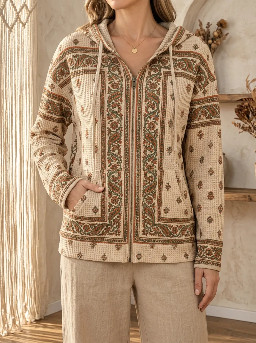 Women's Boho Paisley Signature Detail Waffle Zip-Up Hoodie