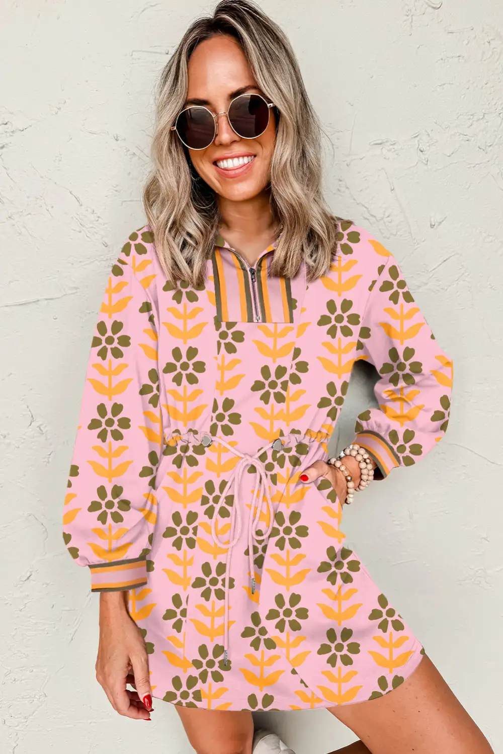 Floral Striped Zip Front Dress Casual