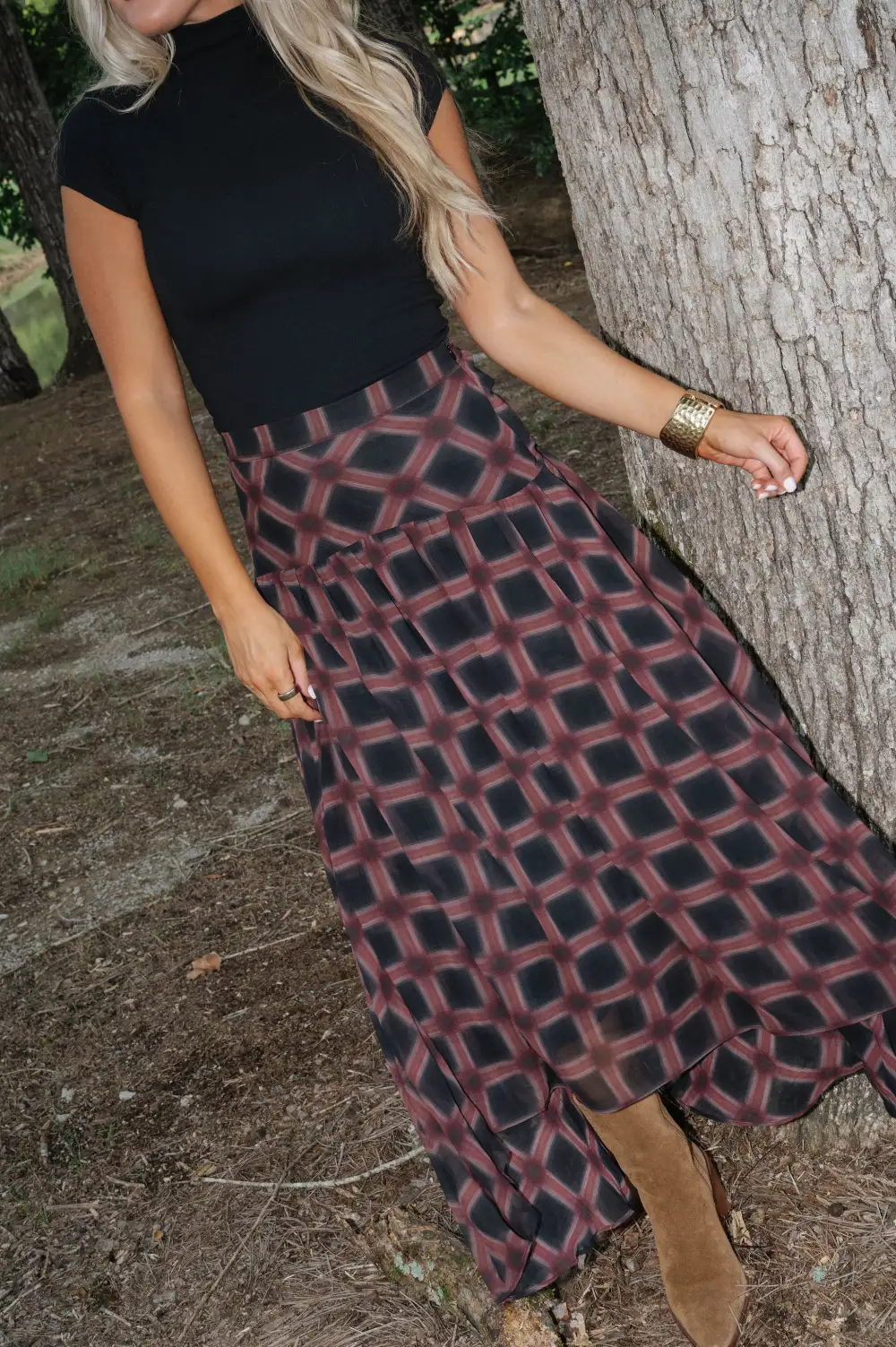 Plaid Chiffon High Rise Maxi Skirt