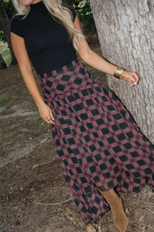 Plaid Chiffon High Rise Maxi Skirt