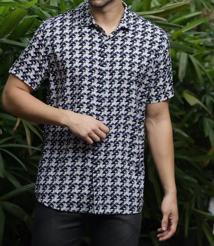 Multi-Color Plaid Print Rayon Button-Down Shirt