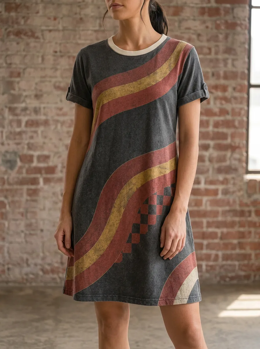 Women's Retro Wavy Stripe Checkered Pattern Printed Dress
