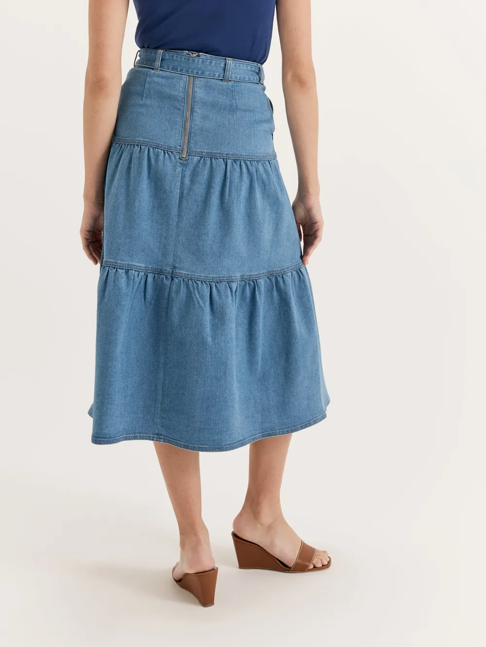Washed Tiered Midi Denim Skirts