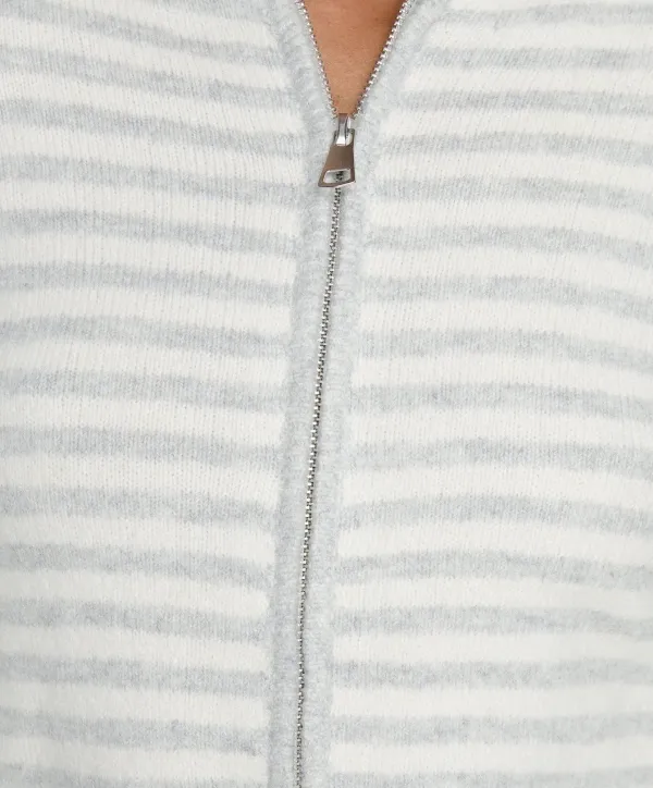 Gray and Cream Striped Zip-Up Knit Hoodie
