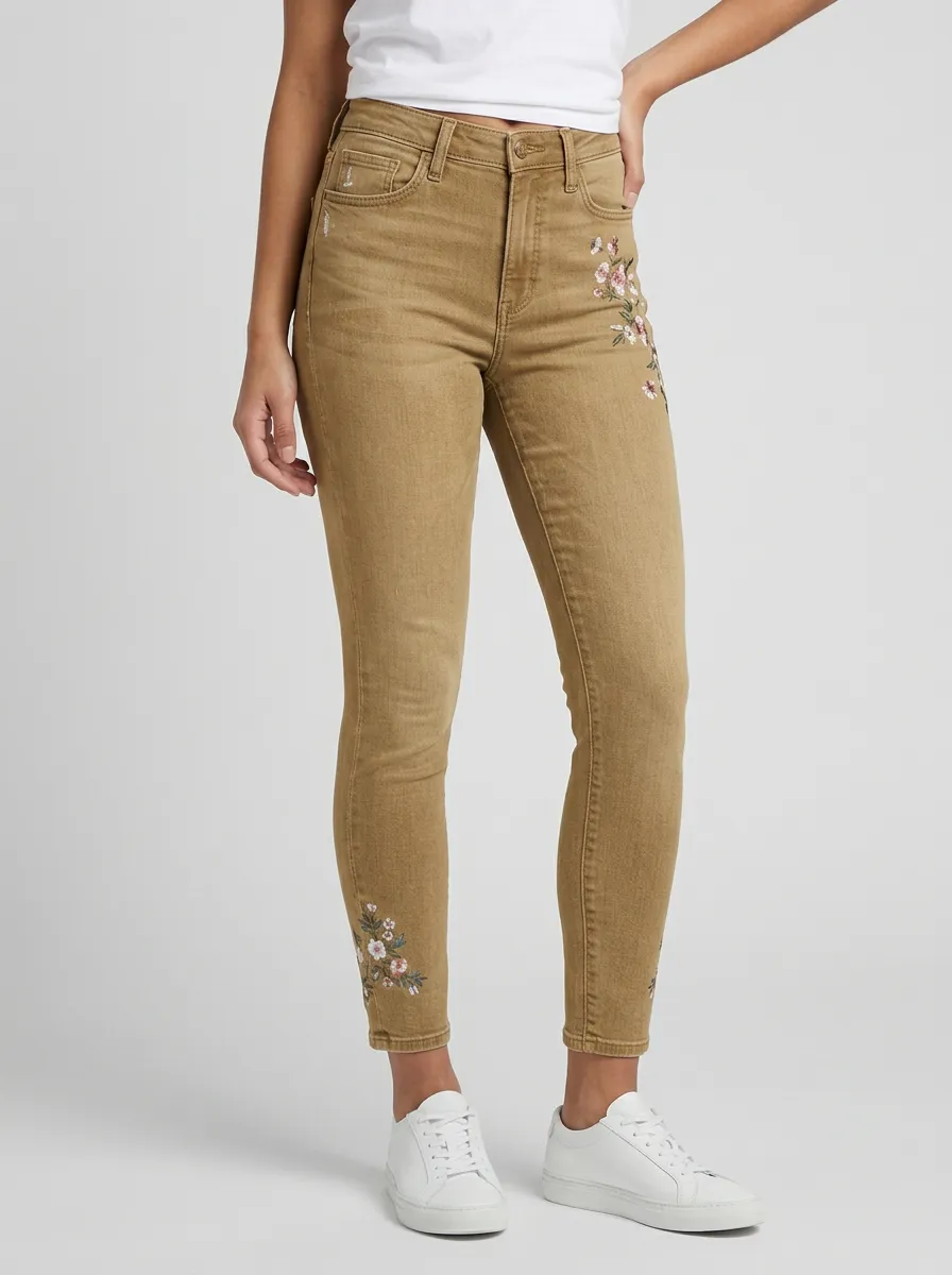Women's Floral Pink Blossom Embroidered Printed Slim Jeans