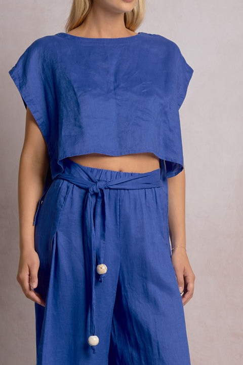 Blue Cropped Tie-Waist Blouse Top