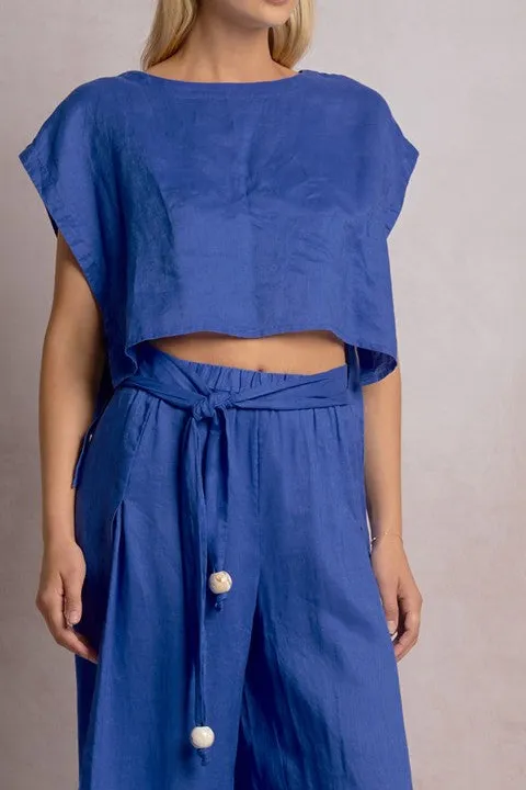Blue Cropped Tie-Waist Blouse Top