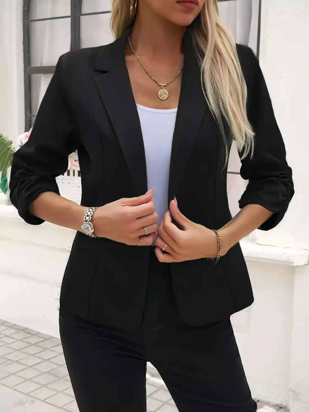 Single-Button Lapel-Collar Ruched Blazer