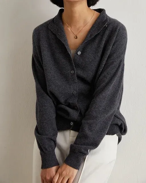Cashmere Wool Button-Front Turtleneck Cardigan