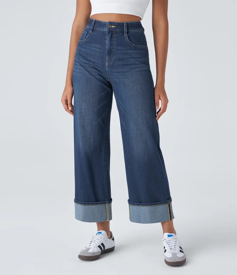 Magic High Waisted Multiple Pockets Rolled Hem Wide Leg Washed Stretchy Knit Casual Jeans