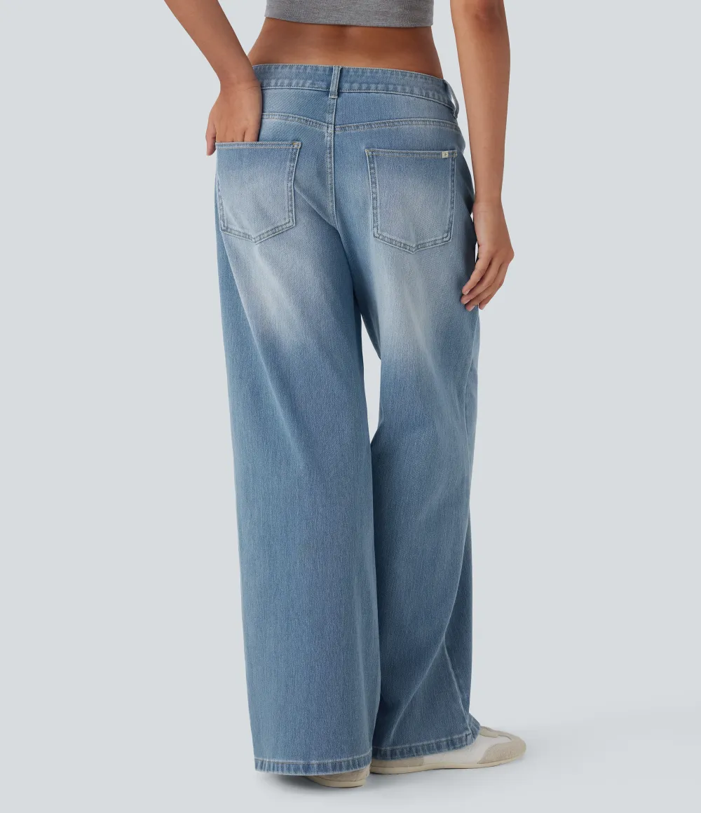 Asymmetric Low Rise Zipper Pockets Baggy Wide Leg Washed Casual Jeans