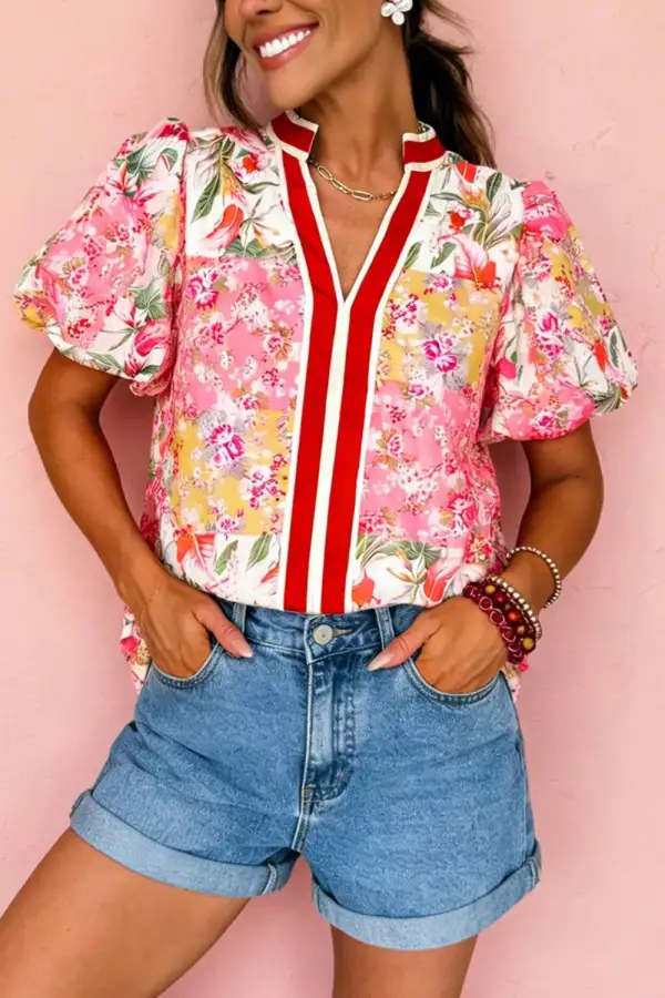 Contrast Collared V-Neck Short Sleeve Floral Blouse