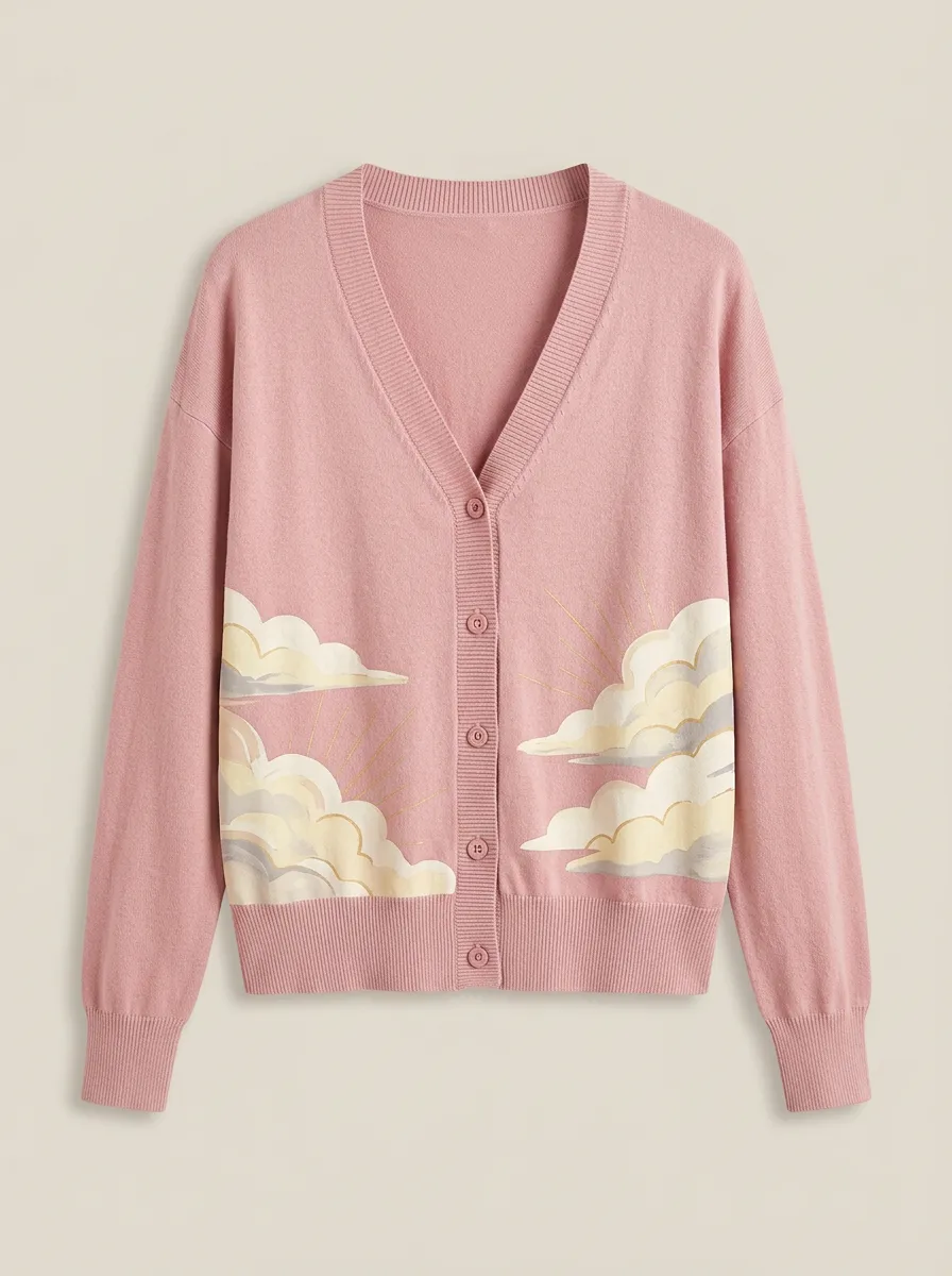 Women's V-Neck Graphic Ribbed Knit Cardigan