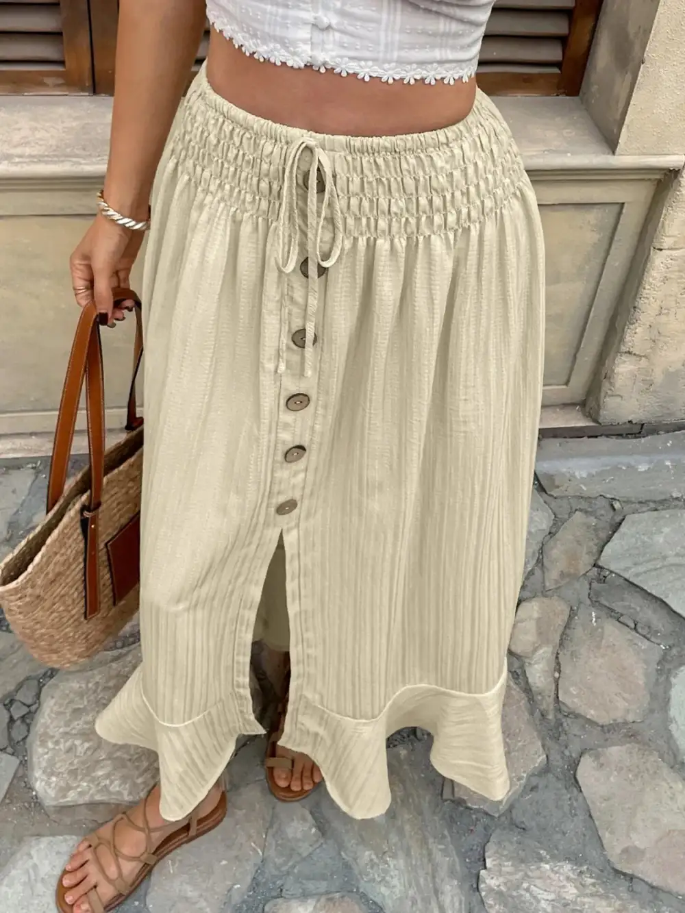 Button Front Smocked Skirt