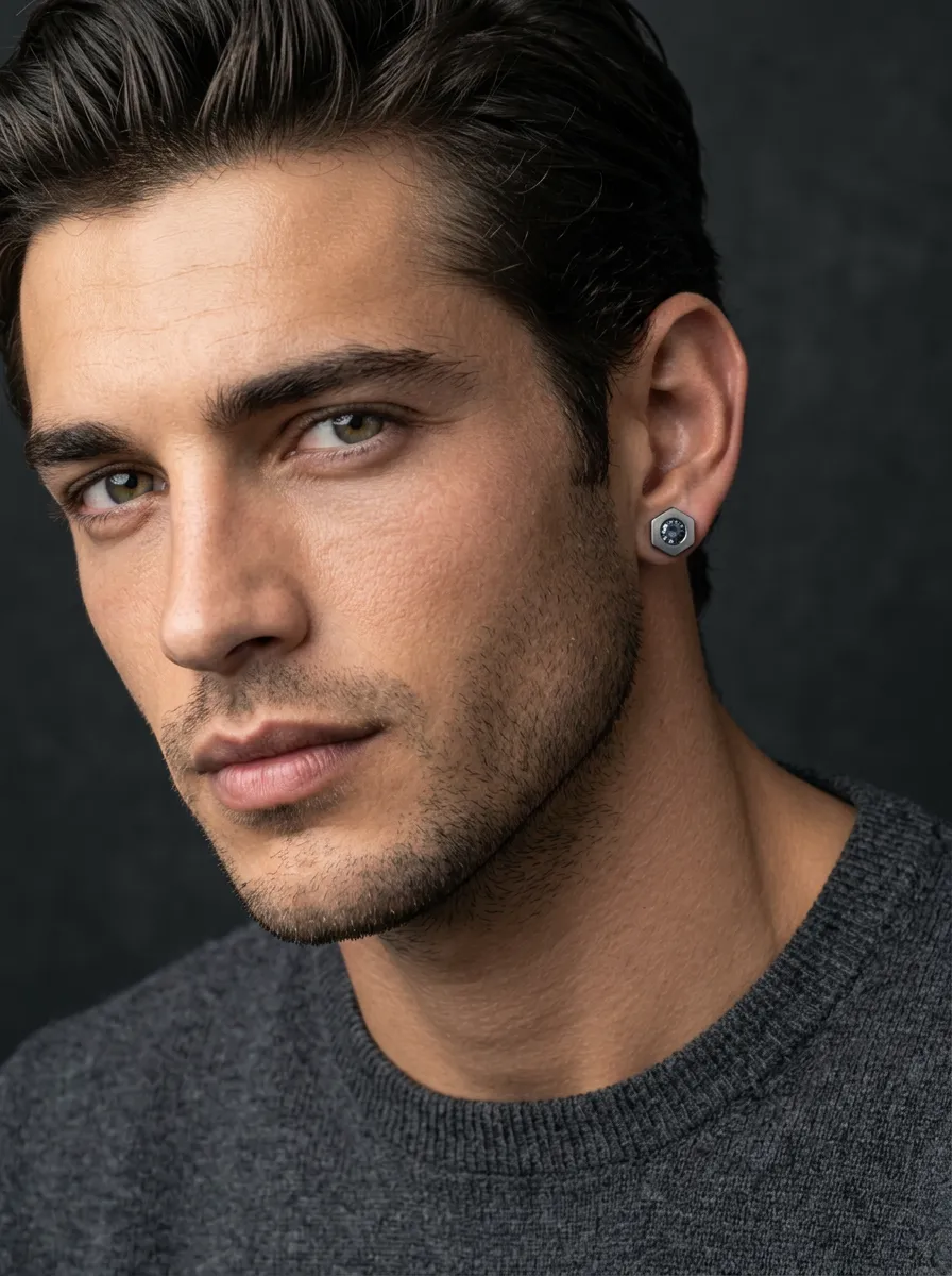 Men's Faceted Industrial Hexagon Nut Shaped Stud Earrings