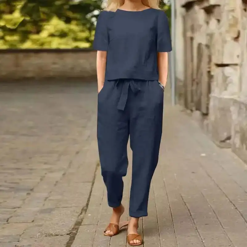  Polished Linen Tie Waist Jumpsuit Set