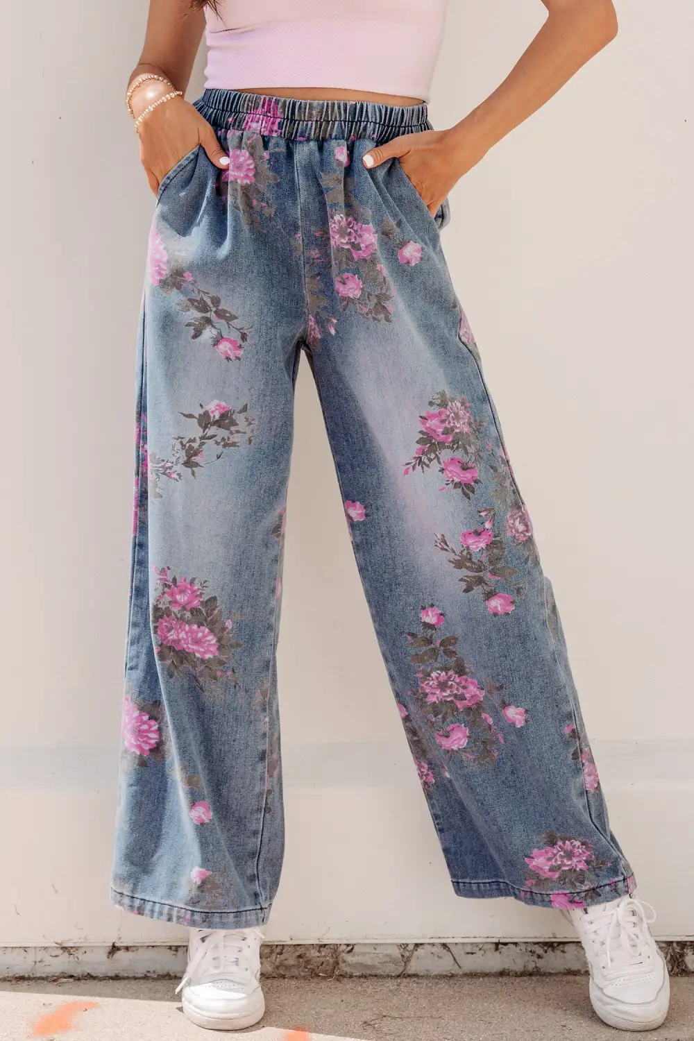 Women's Floral Print Elastic Waist Pull On Casual Jeans