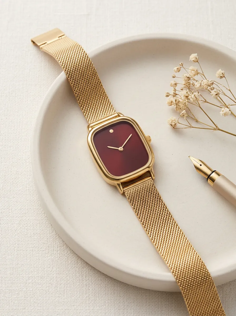 Gold-tone Mesh Strap Watch With Burgundy Dial