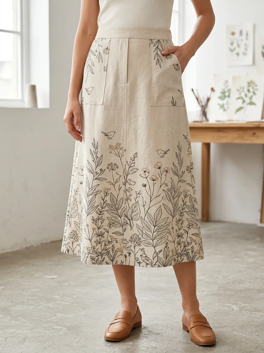Women's Botanical Bird Nature Lover Printed Midi Skirt