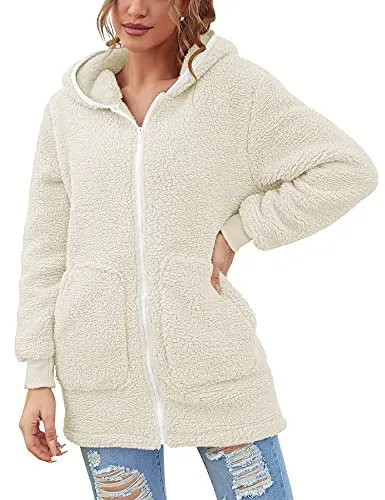 Women Oversized Sherpa Hoodie Fuzzy Fleece Jacket Zip Up Long Sleeve Winter Coat with Pockets