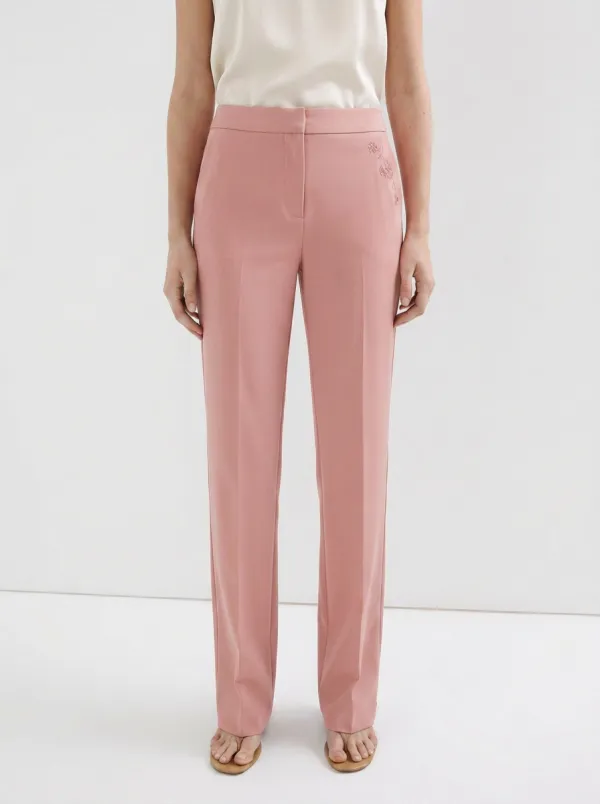 Women's Minimalist Floral Embroidery Navy Mid-Rise Straight Leg Trousers