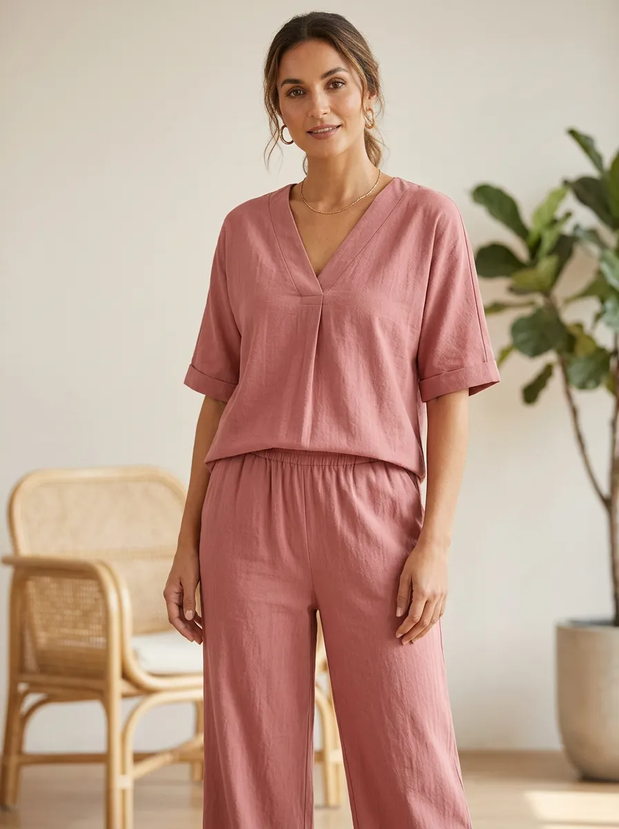 Cuffed-Sleeve Women's V-Neck Shirt