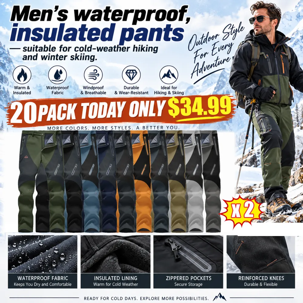 Men's waterproof, insulated pants—suitable for cold-weather hiking and winter skiing.